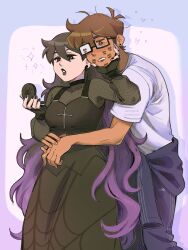  1boy 1girl @_@ absurdres alternate_body_size alternate_universe animal_print antenna_hair artist_name bare_arms black_dress black_eyes black_eyeshadow black_gloves black_hair black_lips black_nails black_pants black_shirt blue_border blue_jacket border breasts bright_pupils brown_eyes brown_hair clenched_teeth clothes_around_waist commentary commission compact_(cosmetics) cosmetics cowboy_shot dark-skinned_male dark_skin dress drop_shadow earrings emori_(shrimperini) eyeshadow fingerless_gloves fingernails fishnet_top fishnets gloves gradient_border gradient_hair hair_behind_ear hand_on_another's_chin hands_up heart hero_(faraway)_(omori) hero_(omori) highres holding hug hug_from_behind jacket jacket_around_waist jewelry lipstick_mark lipstick_mark_on_cheek lipstick_mark_on_face long_hair long_sleeves looking_at_object makeup mari_(faraway)_(omori) mari_(omori) messy_hair multicolored_hair nail_polish no_sclera omori outside_border own_hands_together pants parted_lips pencil_dress plump puffy_long_sleeves puffy_sleeves purple_border purple_hair see-through_cleavage see-through_clothes see-through_shirt shirt short_hair short_sleeves shrimperini simple_background sleeveless sleeveless_dress small_breasts sparkle spider_print spider_web_print standing stud_earrings symbol-only_commentary t-shirt teeth triple_vertical_stripe two-tone_hair very_long_hair very_short_hair white_background white_pupils white_shirt 