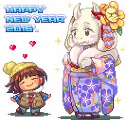  1boy 1girl 1other 2016 2d =_= age_difference alternate_costume ambiguous_gender animal_ears anthro aqua_pants beanie bilingual_commentary blush_stickers brown_coat brown_hair brown_shoes closed_eyes coat commentary digital_media droopy_ears english_commentary english_text fangs female floppy_ears flower flowey_(undertale) frisk_(undertale) full_body furry furry_female goat goat_ears goat_girl goat_horns hair_flower hair_ornament hand_on_own_cheek happy_new_year hat heart height_difference horns human japanese_clothes kimono lowres male mammal mixed-language_commentary monster monster_girl new_year pants pixel_art pixel_heart pixel_text plant purple_kimono red_coat scarf shigeru_arsw shirt shoes short_hair simple_background smile snow sparkle standing text toriel trio undertale utdr_(toby_fox) white_background white_fur white_horns white_scarf winter winter_clothes yellow_flower yellow_hat 