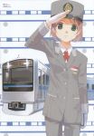  arm_up blazer brown_hair buttons flat_chest gloves green_eyes hat highres ishida_aiko looking_at_viewer mibu_natsuki name_tag necktie notebook official_art pants peaked_cap salute short_hair smile solo standing tetsudou_musume thigh_gap train train_attendant translated uniform white_gloves 