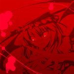  bat_wings blood hands hat looking_at_viewer monochrome red red_background red_eyes remilia_scarlet short_hair slit_pupils touhou weapon wings 