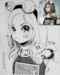  1girl animification bracelet english_commentary frown gresycale hamtaro hamtaro_(series) hello_kitty hello_kitty_(character) highres instagram_username jewelry jozeff_fanarts k-pop long_hair looking_at_viewer photo-referenced photo_inset real_life ring sana_(twice) sanrio shirt signature sleeveless sleeveless_shirt solo traditional_media twice_(group) v-shaped_eyebrows 