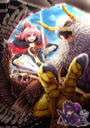  1boy :d absurdres artist_logo artist_name astolfo_(fate) astolfo_(third_ascension)_(fate) black_bow black_shirt blue_sky blush bow braid buckle cape chain cloak clouds cloudy_sky crown day elysion_(1624528315) emblem eyelashes fang fantasy fate/apocrypha fate_(series) flying from_below fur-trimmed_cape fur-trimmed_cloak fur_collar fur_trim gauntlets gold_chain gold_trim gorget griffin hair_between_eyes hair_bow hair_intakes hands_up highres hippogriff_(fate) holding holding_polearm holding_sword holding_weapon horn_(instrument) la_black_luna lance logo long_hair long_sleeves looking_at_viewer male_focus mini_crown motion_blur multicolored_hair open_mouth outdoors pink_hair pixiv_fate/grand_order_contest_2 polearm red_cape red_cloak revision riding shirt single_braid sky smile streaked_hair sunlight sword trap trap_of_argalia two-tone_hair v-shaped_eyebrows violet_eyes weapon white_hair 