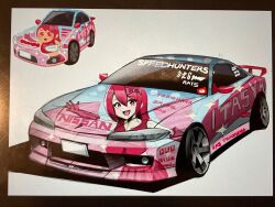  bride_(brand) car hashtag-only_commentary highres hks_(company) irasutoya irasutoya_challenge motor_vehicle nissan nissan_silvia nissan_silvia_s15 race_vehicle racecar reference_inset shiro_(nwtppg) spoiler_(automobile) sports_car vehicle_focus white_background 