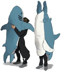  1boy black_coat black_hair black_pants blue_eyes coat commentary grey_shoes hat holding holding_stuffed_toy jojo_no_kimyou_na_bouken kujo_jotaro male_focus morphin_e pants shoes stardust_crusaders stuffed_animal stuffed_shark stuffed_toy symbol-only_commentary 