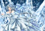  blue crown crystal dress hat ice ice_wings long_hair open_mouth sheiyue silver_hair snow snowflakes solo wings winter 