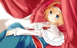 1girl alice_margatroid bed blonde_hair blue_dress blue_eyes blush capelet closed_mouth commentary_request dress frilled_hairband frilled_sash frills hairband lolita_hairband looking_at_viewer medium_hair on_bed one-hour_drawing_challenge red_hairband red_sash sash smile solo touhou tsuno_no_hito white_capelet 