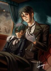  2boys absurdres age_difference aristocratic_clothes black_hair black_suit bow butler ciel_phantomhive commentary eyepatch gloves hair_between_eyes highres kirastraw kuroshitsuji male_focus multiple_boys onii-shota ouji_fashion red_eyes sebastian_michaelis shirt short_hair smile suit symbol-only_commentary victorian 