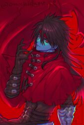  1boy belt belt_buckle black_gloves black_hair buckle cape cloak closed_mouth commentary english_commentary final_fantasy final_fantasy_vii final_fantasy_vii_rebirth final_fantasy_vii_remake gauntlets gloves hair_between_eyes headband highres long_hair looking_at_viewer male_focus multiple_belts omochigame_ct red_cape red_cloak red_eyes red_headband red_theme single_gauntlet single_glove solo spiky_hair upper_body vincent_valentine 