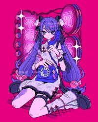  1girl antique_phone arm_tattoo black_bow black_shoes blush bow bracelet bun_cover china_dress chinese_clothes closed_mouth commentary detached_sleeves dress earrings full_body hair_between_eyes hair_bow hair_bun highres holding holding_phone hoop_earrings jewelry leg_warmers looking_at_viewer nakazawa_ayami neon_lights neon_palette original phone pink_background pink_nails purple_hair ring rotary_phone shoes short_eyebrows short_sleeves simple_background sitting solo tattoo twintails violet_eyes wariza 
