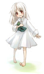  1girl bad_id bad_source barefoot blush brown_eyes center_frills collared_dress commentary_request dated_commentary dot_nose dress el_(sound_horizon) elysion eye_mask frills green_mask head_tilt holding holding_mask lace-trimmed_collar lace_trim long_hair long_sleeves looking_at_viewer mask medium_dress neck_ribbon parted_bangs ribbon simple_background sleeve_cuffs sound_horizon straight_hair teeth toenails toes unworn_mask white_background white_dress white_hair white_ribbon white_sleeves yuuryuu_nagare 