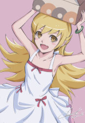  1girl :d absurdres bakemonogatari blonde_hair box commentary_request dress fang flat_chest highres holding_above_head long_hair monogatari_(series) open_mouth oshino_shinobu pink_background simple_background skin_fang sleeveless sleeveless_dress smile solo tyanoki white_dress yellow_eyes 