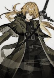  1boy a_certain_sinclair_(project_moon) ammunition_pouch animal_on_shoulder arm_at_side arm_behind_back bandaged_leg bandages belt belt_buckle bird bird_on_shoulder black_belt black_pants black_shirt blonde_hair buckle claymore_(sword) closed_mouth coat cowboy_shot expressionless green_coat green_sleeves hair_over_one_eye highres limbus_company load_bearing_equipment long_hair long_sleeves looking_at_viewer male_focus open_clothes open_coat pants pouch project_moon scar scar_on_cheek scar_on_face shirt sinclair_(project_moon) smoke solo sword sword_on_back trench_coat tsurime turtleneck turtleneck_shirt weapon weapon_on_back white_background xxxxx20090503 