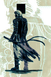 1boy absurdres boots coat commentary devil_may_cry_(series) devil_may_cry_5 english_commentary from_behind full_body hair_slicked_back highres katana limited_palette long_sleeves male_focus short_hair solo standing sword teoft vergil_(devil_may_cry) weapon yamato_(sword) 