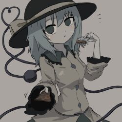  1girl black_hat breasts candy chocolate chocolate_bar commentary_request contrast_collar eating food green_eyes green_hair green_skirt grey_background hair_between_eyes hat hat_ribbon heripantomorrow holding holding_chocolate holding_food komeiji_koishi long_sleeves looking_at_viewer ribbon shirt simple_background skirt solo third_eye touhou wide_sleeves yellow_ribbon yellow_shirt 