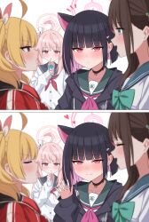  4girls :o absurdres after-school_sweets_club_(blue_archive) airi_(blue_archive) animal_ears black_choker black_hair black_jacket blonde_hair blue_archive blue_sailor_collar blunt_bangs blunt_ends blush bow brown_eyes brown_hair cat_ears cat_girl choker closed_mouth colored_inner_animal_ears colored_inner_hair commentary_request drink drink_carton drinking_straw drinking_straw_in_mouth green_bow green_eyes green_sailor_collar grey_sailor_collar halo hand_on_own_chin highres holding holding_drink jacket juice_box kazusa_(blue_archive) long_hair looking_at_another looking_at_viewer multicolored_hair multiple_girls natsu_(blue_archive) neckerchief onsen_(asnrtnbrsiku) open_hand open_mouth pink_hair pink_halo pink_neckerchief red_jacket red_neckerchief sailor_collar short_hair side_ponytail smile twintails two-tone_hair upper_body white_jacket yoshimi_(blue_archive) 
