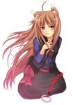  brown_hair char face holo long_hair red_eyes smile spice_and_wolf wolf_ears 