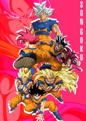  6+boys absurdres art_jake black_hair blonde_hair blue_boots blue_sash blue_shirt blue_wrist_cuffs body_fur boots character_name crossed_arms dougi dragon_ball dragon_ball_daima dragon_ball_super dragon_ball_z evolutionary_line flying_kick green_eyes grey_eyes grey_hair highres kamehameha_(dragon_ball) kicking long_hair medium_hair multiple_boys muscular muscular_male no_eyebrows orange_pants orange_shirt pants red_eyes red_fur red_hair red_tail sash shirt son_goku spiky_hair super_saiyan super_saiyan_1 super_saiyan_3 super_saiyan_4 super_saiyan_blue topless_male torn_clothes torn_shirt ultra_instinct ultra_instinct_sign wrist_cuffs zoom_layer 