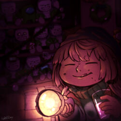  1:1 1other 2022 2d ambiguous_gender among_us artist_name brown_hair character_doll character_print christmas christmas_sweater crewmate_(among_us) crumbs dark dark_room digital_media doll drinking_glass flashlight flower flowey_(undertale) frisk_(undertale) green_sweater highres holding holding_cup holding_flashlight human indoors long_sleeves milk other_focus plant rabbitguy sans_(undertale) shelf short_hair skull_print solo_focus spider striped_clothes striped_sweater sweater tongue tongue_out undertale utdr_(toby_fox) when_you_see_it wreath yellow_flower 