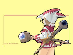  1girl animal_ear_headwear animal_ears bad_id black_outline brown_tail cat_ears cat_tail commentary cowboy_shot detached_sleeves final_fantasy final_fantasy_xi from_behind gradient_tail hat hat_flaps holding holding_staff kitsupon long_skirt mage_staff outline red_hat red_tunic short_hair simple_background skirt square_enix staff tail thick_outlines tunic two-tone_sleeves two-tone_tunic white_hair white_hat white_mage_(final_fantasy) white_tunic yellow_background yellow_skirt zig-zag_pattern 