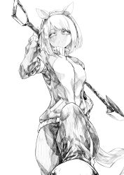  1girl absurdres animal_ears arm_up breasts breath carrying_over_shoulder commission ear_covers from_below greyscale hairband hand_in_pocket hasukurira highres holding holding_shovel horse_ears horse_girl horse_tail jacket long_sleeves looking_at_viewer looking_down monochrome open_mouth pants pixiv_commission pov_stomped short_hair shovel small_breasts solo standing standing_on_one_leg stepping_on_frame tail tracen_training_uniform track_jacket track_suit umamusume yukino_bijin_(umamusume) 