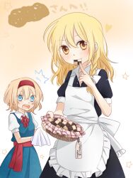 2girls ^^^ alice_margatroid apron back_bow basket blonde_hair blue_dress blush bow bowtie braid checkerboard_cookie closed_mouth collared_shirt commentary_request cookie dress eating food gift_art hair_bow hairband holding holding_basket kirisame_marisa looking_at_viewer multiple_girls no_headwear open_mouth puffy_short_sleeves puffy_sleeves red_bow red_bowtie red_hairband red_sash sash shirt short_sleeves side_braid single_braid smile star_(symbol) touhou translation_request tsuno_no_hito waist_sash white_apron white_bow white_shirt yellow_eyes 