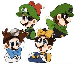  4boys angry ascot black_mask blue_eyes blue_hat blue_overalls blue_ribbon brown_hair commentary doctor dr._luigi dr._luigi_(game) dr._mario_(game) facial_hair gloves green_hat green_ribbon green_shirt hat highres holding holding_unworn_clothes holding_unworn_hat long_sleeves looking_up luigi male_focus mimimi_(mimimim9999) mr._l multiple_boys open_mouth overalls paper_mario red_ribbon ribbon shirt short_hair simple_background super_mario_bros. super_mario_bros.:_peach-hime_kyushutsu_dai_sakusen! super_paper_mario symbol-only_commentary tongue tongue_out unworn_hat unworn_headwear upper_body yellow_ribbon yellow_shirt 