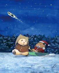  absurdres animal animal_focus beanie brown_coat closed_eyes coat gotte hamster hat highres mittens night no_humans open_mouth original outdoors red_coat santa_hat sky sleigh snow star_(sky) starry_sky tree white_mittens winter 