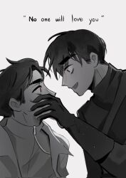  2boys alien_stage arainahmm coat commentary covering_another's_mouth dual_persona english_text fang gloves highres ivan_(alien_stage) male_focus multiple_boys open_mouth red_pupils shirt short_hair spot_color turtleneck turtleneck_shirt very_short_hair 