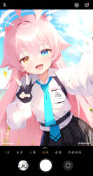  1girl :d absurdres abydos_high_school_logo ahoge black_gloves black_skirt blue_archive blue_eyes blue_necktie blue_sky blush bug butterfly chcc331899 chinese_commentary chinese_text clouds cloudy_sky collarbone collared_shirt commentary drawn_ears drawn_whiskers fake_phone_screenshot fake_screenshot fang fingerless_gloves gloves hair_between_eyes hair_flaps halo hand_up heterochromia highres hoshino_(blue_archive) id_card incredibly_absurdres long_hair long_sleeves looking_at_viewer making-of_available necktie open_mouth outdoors outstretched_arm pink_hair pink_halo plaid_clothes plaid_skirt pleated_skirt puffy_long_sleeves puffy_sleeves reaching reaching_towards_viewer selfie shirt skin_fang skirt sky smile solo sparkle taking_picture v very_long_hair viewfinder white_shirt yellow_eyes 