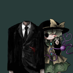  1boy 1girl ;) black_hat blood contrast_collar green_background green_hair hair_between_eyes hat hat_ribbon headless heripantomorrow komeiji_koishi long_sleeves one_eye_closed ribbon shirt simple_background smile standing third_eye touhou v wide_sleeves yellow_ribbon yellow_shirt 