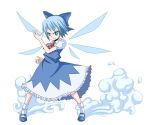 blue_dress blue_hair bow cirno dress fighting_stance hair_bow mary_janes n_(ruff) ribbon ribbons ruff_(pixiv) serious shoes short_hair simple_background smoke solo standing touhou wings 