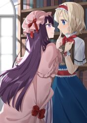  2girls alice_margatroid blonde_hair blue_dress blue_eyes book bookshelf capelet closed_mouth commentary_request dress eye_contact finger_to_another's_mouth frilled_hairband frilled_sash frills hairband hat highres holding holding_book imminent_kiss indoors lolita_hairband long_hair looking_at_another mob_cap multiple_girls patchouli_knowledge pink_capelet pink_dress pink_hat purple_hair red_hairband red_sash sash smile striped_clothes striped_dress touhou tsuno_no_hito vertical-striped_clothes vertical-striped_dress very_long_hair violet_eyes waist_sash white_capelet wrist_cuffs 