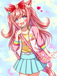  1girl agnes_digital_(casual)_(umamusume) agnes_digital_(umamusume) animal_ears bag blue_eyes blue_skirt blush bow breasts casual collarbone commentary_request drooling hair_bow heart highres horse_ears horse_girl horse_tail jacket long_hair looking_at_viewer mouth_drool open_mouth pink_hair pink_jacket pleated_skirt red_bow shirt skirt small_breasts smile solo sugimotty_nova tail umamusume yellow_shirt 
