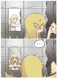  ... 1boy 1girl 2023 @_@ absurdres blonde_hair blush dress fangs highres holding_hands long_hair looking_at_mirror metarama mirror oshino_shinobu reflection solo_focus speech_bubble surprised white_dress yellow_eyes 