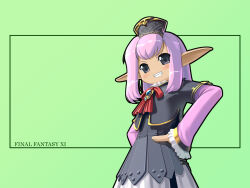  1girl armor armored_dress bad_id black_dress black_eyes black_hat black_jacket black_outline black_sleeves blush brooch clenched_teeth collar commentary copyright_name cowboy_shot cropped_jacket dark-skinned_female dark_skin dress elf elvaan fang final_fantasy final_fantasy_xi frilled_collar frilled_sleeves frills gold_trim green_background hand_on_own_hip hat head_tilt jacket jewelry kitsupon layered_sleeves long_hair long_pointy_ears long_sleeves looking_at_viewer loose_hair_strand negative_space outline pink_hair pink_sleeves pointy_ears prishe red_ribbon ribbon short_over_long_sleeves short_sleeves sidelocks simple_background sleeves_past_wrists square_enix straight_hair teeth thick_outlines 