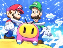  3boys black_eyes blue_overalls blue_sky boots brothers brown_boots brown_facial_hair brown_hair day eyebrows_visible_through_hat facial_hair gloves green_hat green_shirt hat highres long_sleeves looking_to_the_side luigi male_focus mario mario_&amp;_luigi:_brothership mario_&amp;_luigi_rpg multiple_boys mustache newsboy_cap ocean outdoors overalls red_hat red_shirt shirt short_hair siblings sky snoutlet_(mario) super_mario_bros. white_gloves wings yamari_(ya_mari_6363) 
