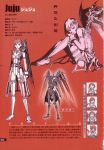  absurdres armor boots character_profile character_sheet choker claws expressions flat_chest frown gloves hair_ornament high_heels highres ishikawa_fumi juju leotard monochrome official_art open_mouth over_zenith pink_hair red_hair scan shoes short_hair sitting solo standing thigh_boots thigh_strap thighhighs translation_request trench_coat white_legwear wings zettai_ryouiki 