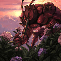 absurdres antennae buzzwole clouds commentary english_commentary flower friedunicornstudio highres holding holding_flower muscular outdoors picking_flowers pink_flower pokemon pokemon_(creature) pokemon_focus proboscis sky solo 