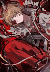  1boy blonde_hair blood blood_in_hair closed_mouth commentary dutch_angle expressionless flower flower_over_eye fur-trimmed_robe fur_trim highres horns limbus_company looking_at_viewer male_focus parted_bangs project_moon red_background red_flower red_robe robe sash sinclair_(project_moon) sitting solo symbol-only_commentary tsurime white_horns white_robe white_sash xxxxx20090503 yellow_eyes 