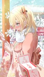  1girl 1other blonde_hair blue_eyes blush commentary_request fur-trimmed_kimono fur_trim furisode hair_ornament highres holding hololive japanese_clothes kanzashi kazama_iroha kimono long_hair obi omikuji open_mouth outdoors pika_suke pink_kimono pinwheel_hair_ornament pov sash shrine signature snow snowing tree upper_body wide_sleeves yagasuri 