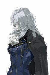  1girl ascot blue_coat breasts coat formal_clothes fur_coat genderswap genderswap_(mtf) gio_dwinter gold_trim hair_between_eyes highres jewelry long_hair messy_hair overcoat pale_skin red_eyes sketch tsukihime tsukihime_(remake) vlov_arkhangel white_background white_hair 