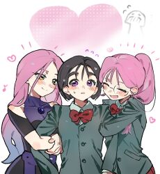  3girls alien_stage black_dress black_hair blazer bow bowtie closed_eyes clothing_cutout collared_shirt commentary di1di2di3di4d dress dual_persona glasses green_jacket hashtag-only_commentary heart highres holding_another's_arm jacket long_hair mizi_(alien_stage) multiple_girls ponytail prototype_design red_bow red_bowtie school_uniform shirt short_hair shoulder_cutout sua_(alien_stage) violet_eyes yellow_eyes yuri 