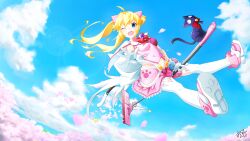  1girl ;d absurdres ahoge back_bow black_cat blonde_hair blue_eyes blue_sky bow bowtie cape cat cherry_blossoms clouds commentary_request commission cumulonimbus_cloud day falling_petals fang floating_hair flying frilled_skirt frills full_body gloves grisaia_(series) hair_between_eyes hair_bow happy highres holding holding_mop huge_bow idol_mahou_shoujo_chiruchiru_michiru long_hair looking_at_viewer magical_girl matsushima_michiru midair midriff miniskirt mop mop_riding navel official_alternate_costume one_eye_closed open_mouth oshinobi_shinobu outdoors outstretched_arm outstretched_hand petals pink_bow pink_shirt pink_shoes pixiv_commission plaid_clothes plaid_skirt pleated_skirt red_bow red_bowtie shirt shoe_soles shoes signature skin_fang skirt sky sleeveless sleeveless_shirt smile solo star_(symbol) thick_eyebrows thigh-highs twintails v-shaped_eyebrows white_bow white_cape white_gloves white_thighhighs 