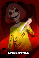 1other 2016 2d ambiguous_gender artist_name black_sclera blood blood_from_eyes blood_on_clothes blood_on_knife brown_hair chara_(undertale) colored_sclera copyright_name digital_media evil_smile genocide_route_(undertale) gradient_background green_shirt holding holding_knife holding_weapon hollow_mouth horizontal-striped_clothes human human_only keiryuu_seo knife long_sleeves looking_at_viewer open_mouth other_focus red_eyes shirt short_hair signature single_horizontal_stripe solo striped_clothes striped_shirt text two-tone_shirt undertale utdr_(toby_fox) weapon yellow_stripes