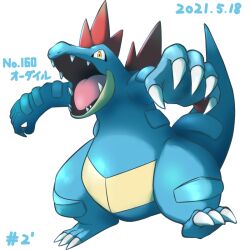  blue_skin claws colored_skin dated fangs feraligatr full_body no_humans numbered open_mouth pokemon pokemon_(creature) rokokolt simple_background solo white_background 