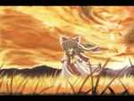  auer brown_hair detached_sleeves field hair_over_eyes hakurei_reimu japanese_clothes landscape miko ribbon ribbons scenery sky sunset touhou 