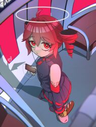  1girl bag baguette bread commentary_request detached_sleeves drill_hair food fruit full_body halo highres holding holding_bag holding_phone kasane_teto kasane_teto_(utau) listening_to_music looking_at_viewer pear phone red_eyes red_hair seibutsu_(kaibu23_seibutu) shirt shopping_bag sleeveless sleeveless_shirt solo standing subway traditional_halo twin_drills twintails utau 