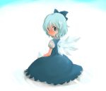  bad_id blue_eyes blue_hair bow cirno dress ica ica_(pixiv) ice short_hair simple_background solo touhou wings 