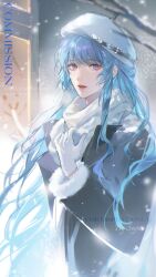  1girl adjusting_scarf blue_hair condensation cowboy_shot finger_writing glass_writing gloves hamel_(path_to_nowhere) hands_up hashtag-only_commentary highres index_finger_raised light_smile long_hair looking_at_viewer open_mouth outdoors path_to_nowhere scarf smiley_face snow solo standing supaii16 very_long_hair violet_eyes white_gloves white_scarf window_fog winter 