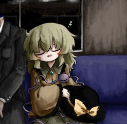  1boy 1girl black_hat black_jacket black_pants closed_eyes contrast_collar green_hair green_skirt hair_between_eyes hat hat_ribbon headless heripantomorrow holding holding_unworn_clothes holding_unworn_hat jacket komeiji_koishi long_hair pants parted_lips ribbon shirt skirt sleeping smile solo_focus third_eye touhou train_interior unworn_hat unworn_headwear yellow_ribbon yellow_shirt 